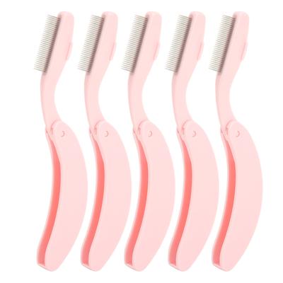 5pcs Curve Handle Lash Comb Stainless Steel Folding Eyelash Teeth Comb Tool for Makeup Pink