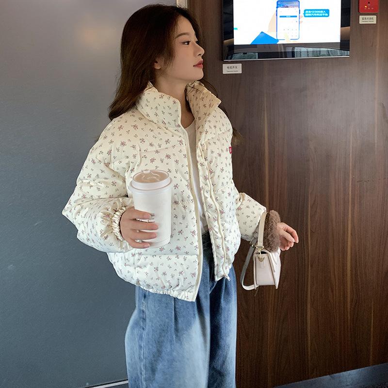 Cotton Clothes for Women Short Loose Down Cotton Clothes for Autumn and Winter Thickened Stand Collar Small Floral Cotton Jacket