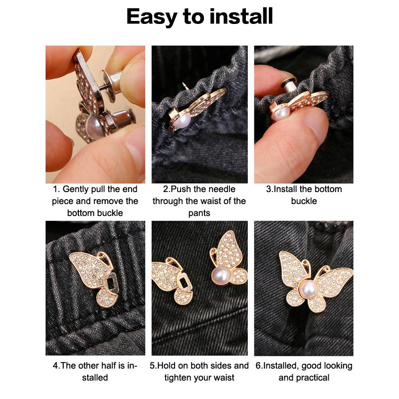 2Pcs  Shiny Diamond Butterfly Shape Adjustable Waist Buckle Jean Buttons Reusable Waist Cincher Clip For Clothing Dresses