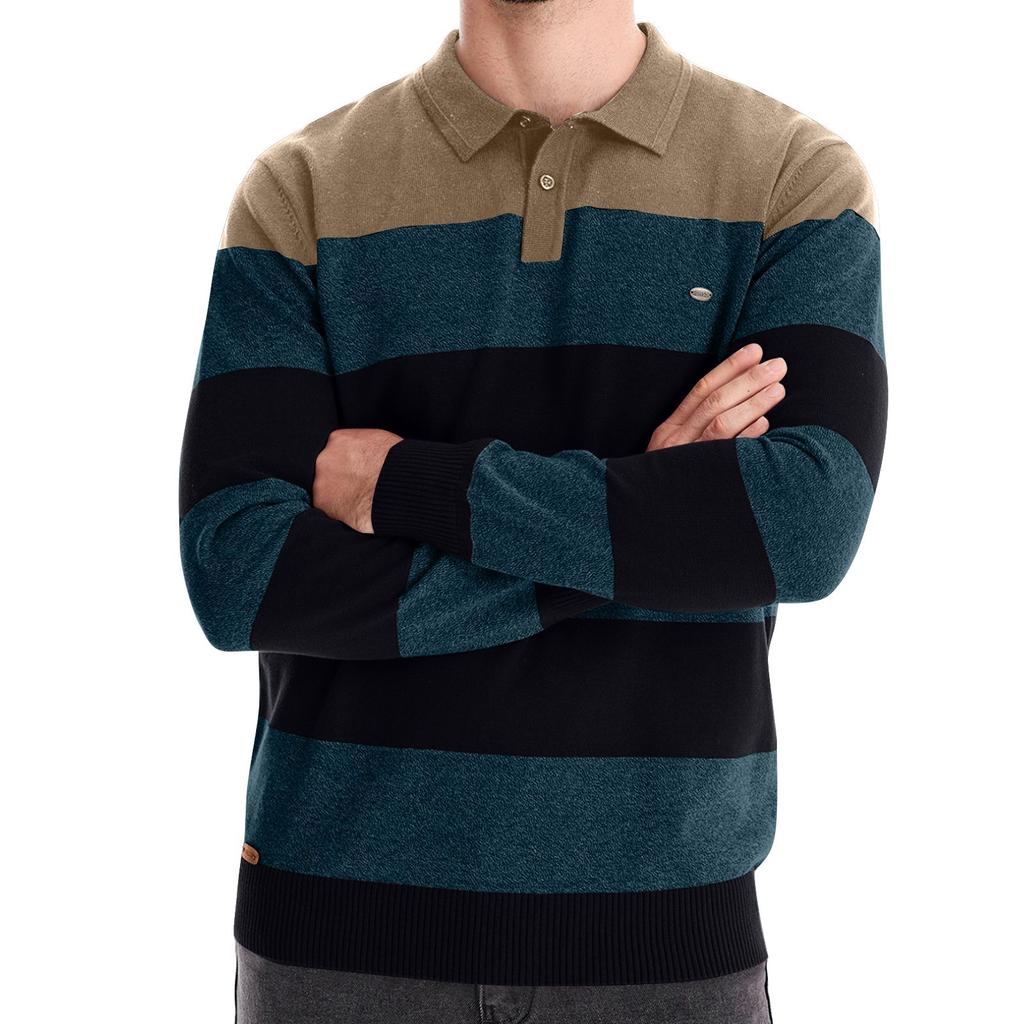 Men's Winter Color Blocked Striped Lapel Button Slim Fit Long Sleeve Top