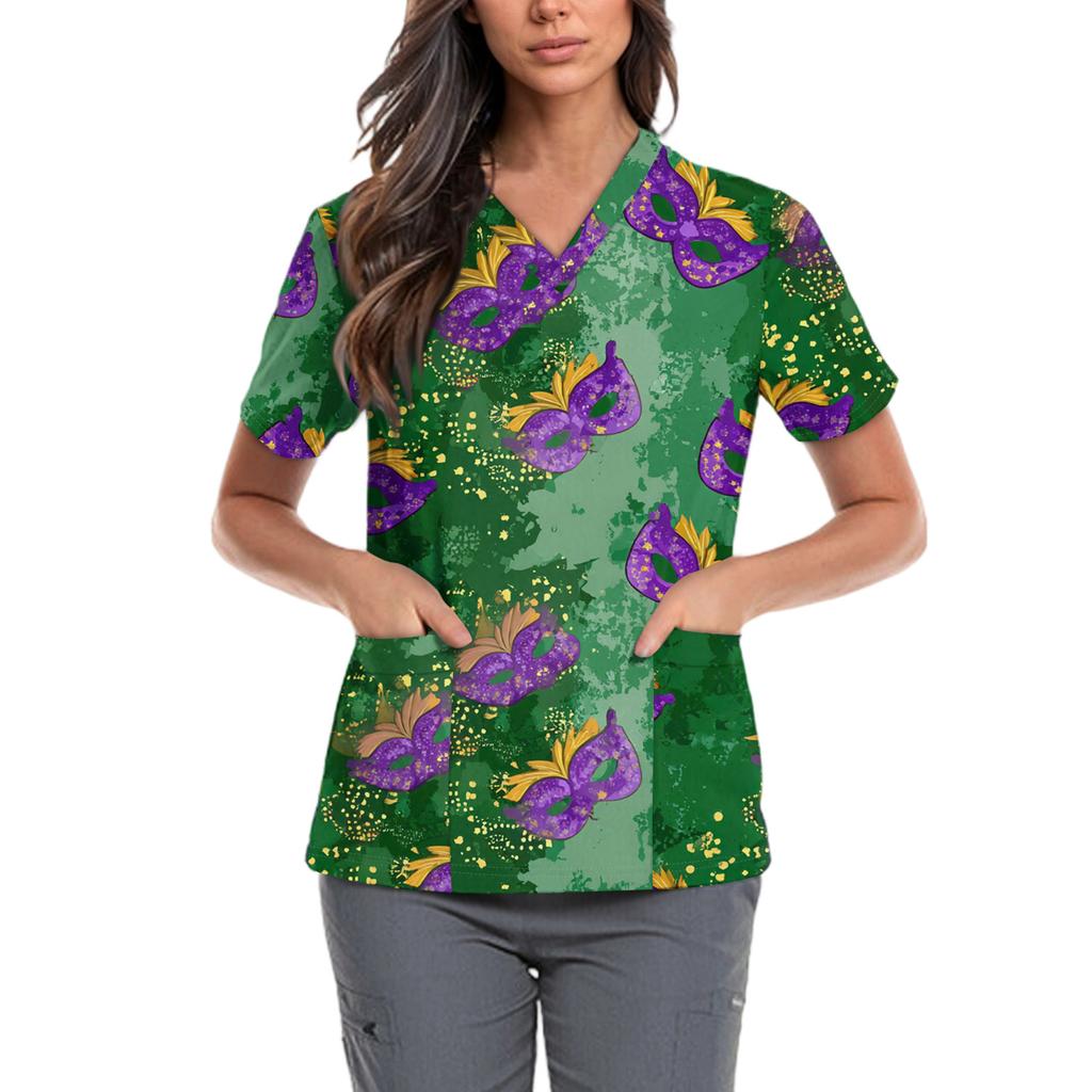 Niedlich bedruckte Arbeitskleidung für Damen, V-Ausschnitt, doppellagige Taschen, Basic-Kurzarm-Oberteil, Pullover