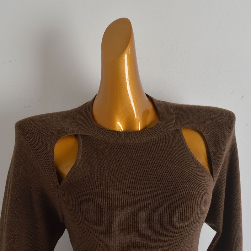 Fashion Style Sexy Sexy Hollow out Shoulder-Baring Long Sleeves Knitwear Women's Spring & Fall New Arrival Silm Elegant Backless Bottoming Shirt