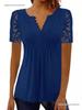 Lace Trim Pleated Solid Color Button Short Sleeve Women's T-Shirt