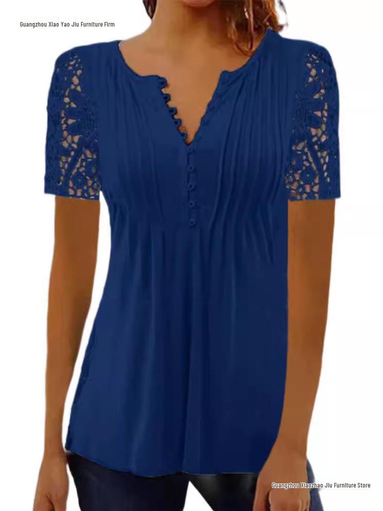 Lace Trim Pleated Solid Color Button Short Sleeve Women's T-Shirt