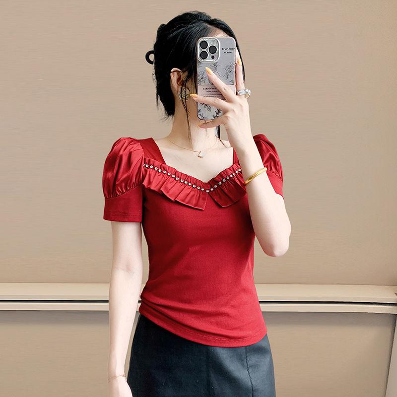 Fashion Summer Ladies Cotton T-shirt Elegant Short Sleeve Women Brand Top Shirts Chic Sexy Square Neck Ruffles Hot Diamonds Tees