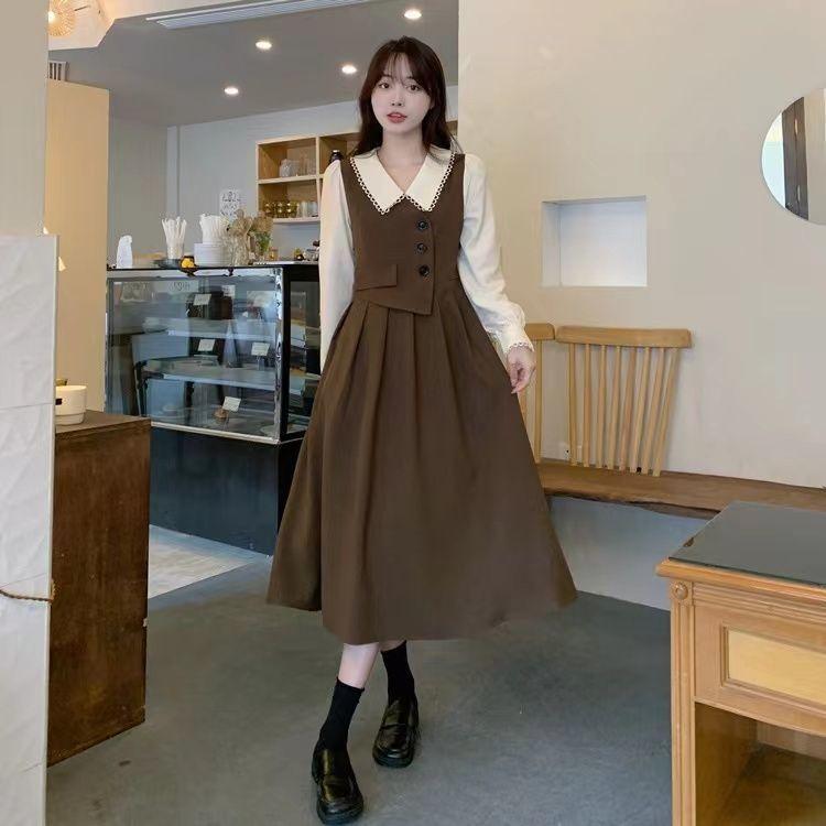 Doll Collar Vest Patchwork Fake Two Piece Dress Chubby Sister Looks Thin Artistic Style Long Skirt