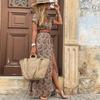 Women's Boho Print Short Sleeve High Waist Patchwork V-neck Beach Holiday Slimming Dress