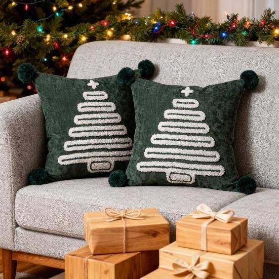 Christmas Tree Pattern Throw Pillowcase with Tassel Hair Ball Decoration Pillow Cover Farmhouse Style Cushion Cover