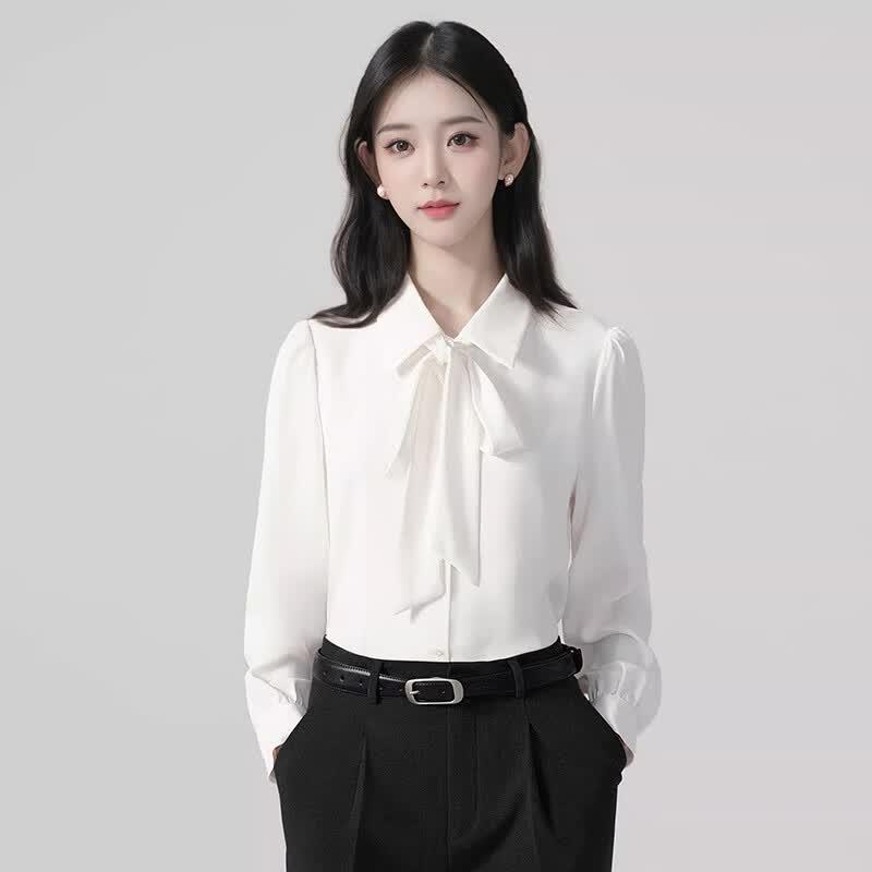 

Women s Detachable Bow Long Sleeve White Shirt M