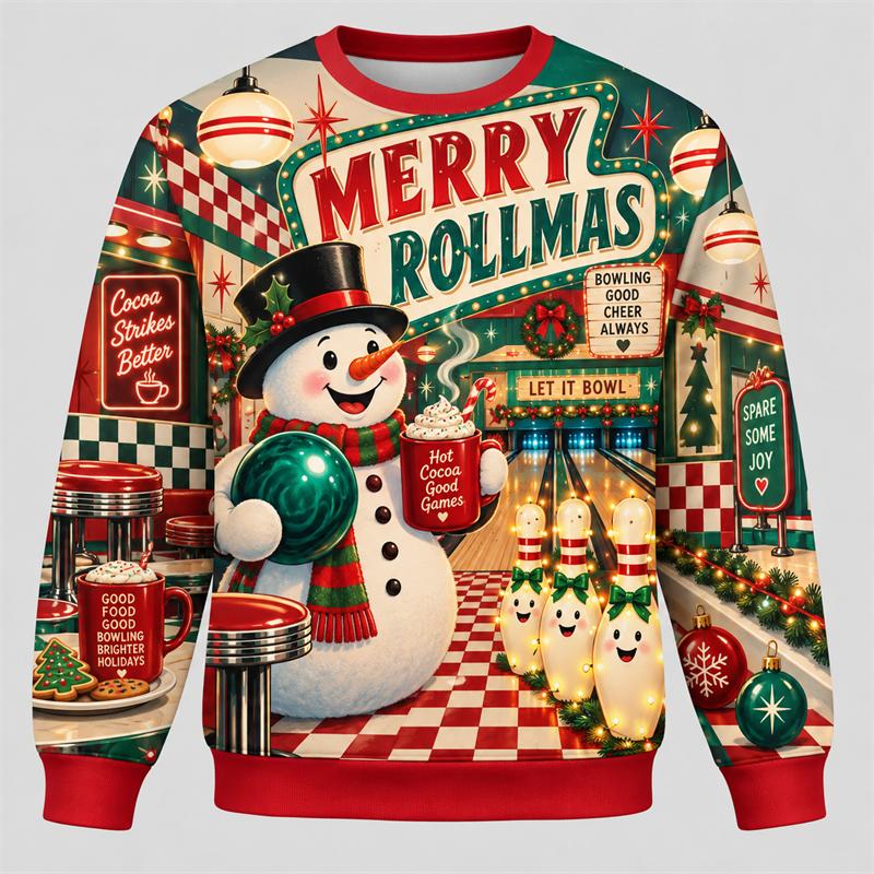 Christmas Bowling Unisex Sweatshirt Santa Snowman Reindeer Gingerbread Gnome Crewneck Xmas Pullover Holiday Sports Party Gift Fun Top