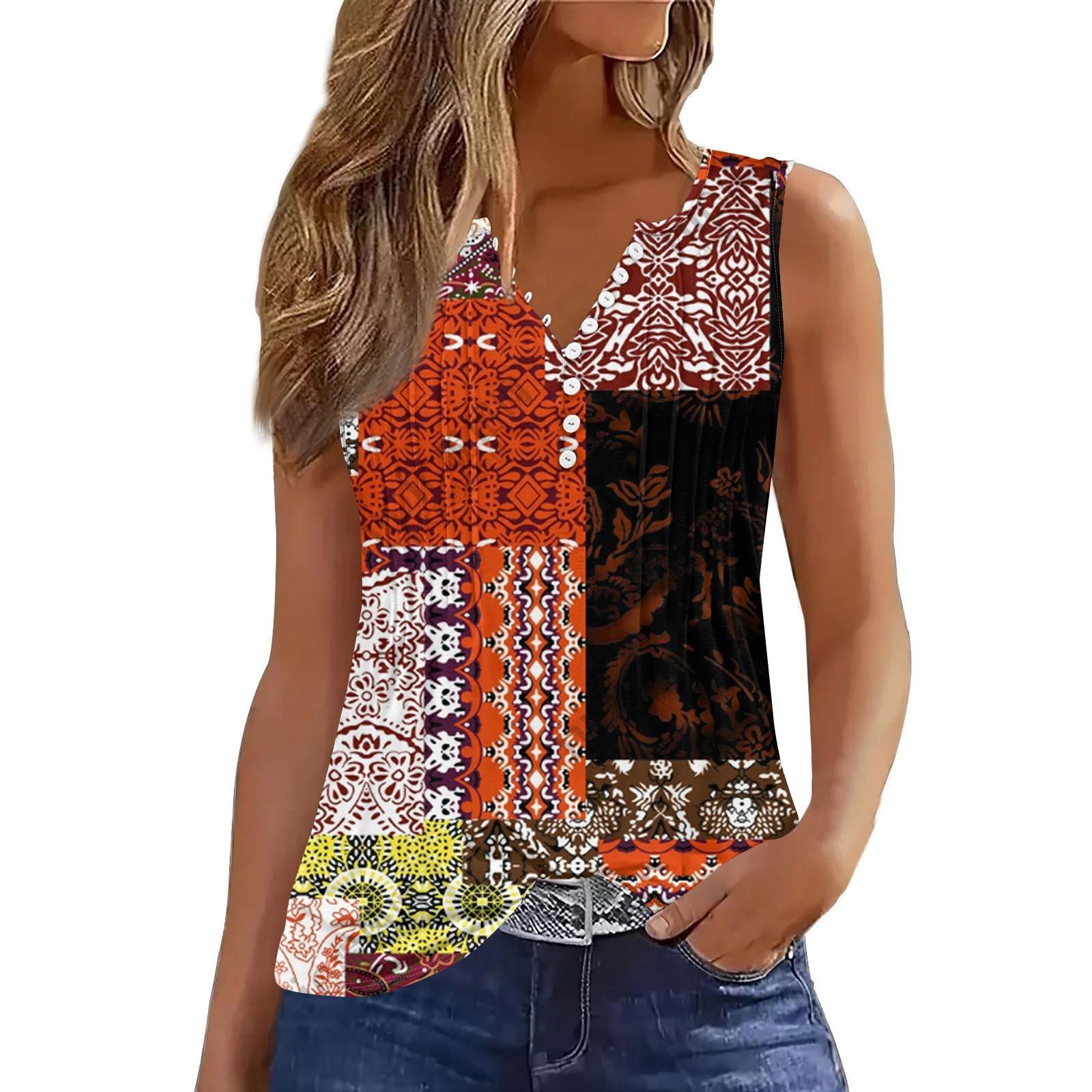 

Женская повседневная свободная плиссированная рубашка с цветами и растениями, футболка с V-образным вырезом и застежкой на пуговицы, безрукавка, топ M шафрановый