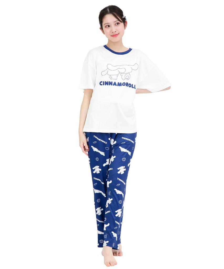 SAZAC Cinnamoroll and Milk Pajama Powder Stretch Short Sleeve and Long Pants Loungewear x Set, Fabric, Women's Set, (White Navy/L/SAN1952)