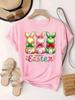 Women‘s Three Easter Bunnies Bow Graphic T-Shirt Cute Spring Casual Tee