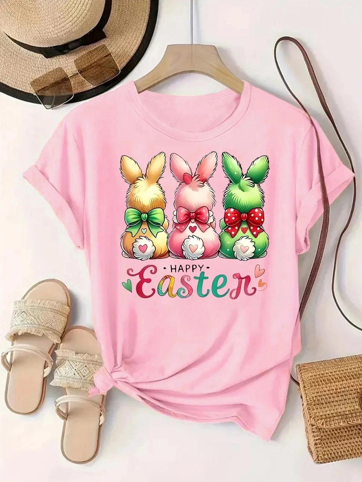 

Women‘s Three Easter Bunnies Bow Graphic T shirt Cute Spring Casual Tee M