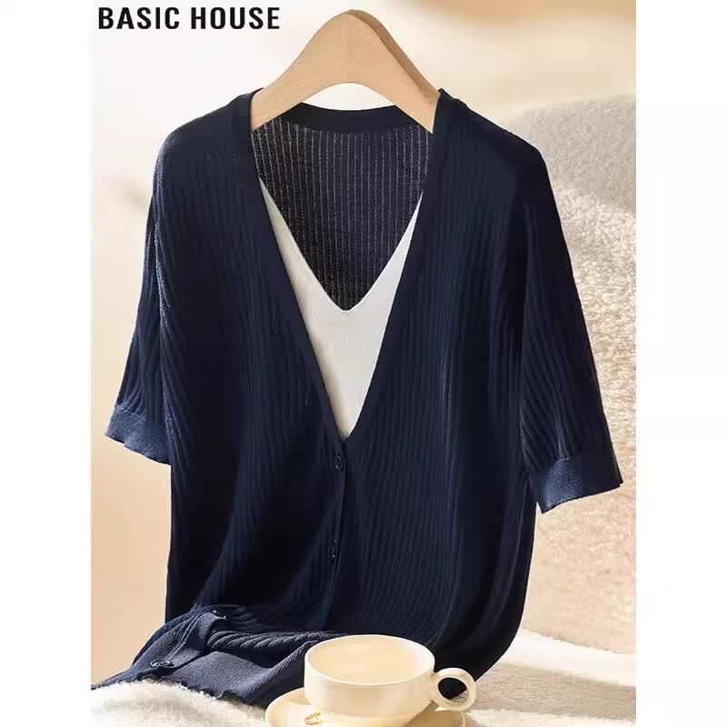 Basic House Ice Silk Faux Two-Piece V-Neck Knit Top XL
