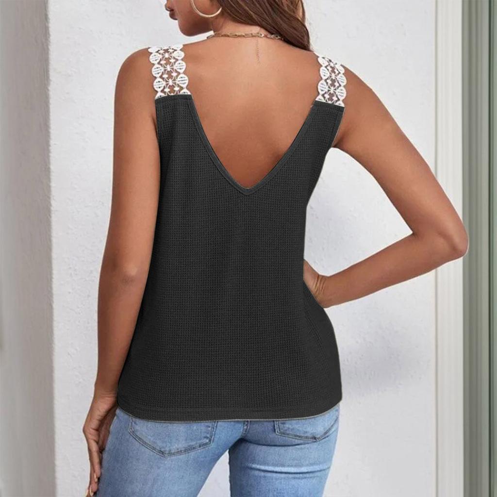 Fashionable Women's Solid Color Casual Lace  Stitching Vest T-shirt Top