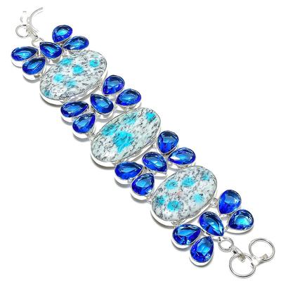 Natural K2 Blue Azurite, Topaz Gemstone 925 Sterling Silver Bracelet 7-8" C4N30