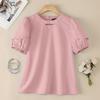 Women Casual Round Neck Solid Color Short Sleeve Blouse