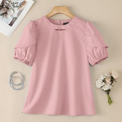 Women Casual Round Neck Solid Color Short Sleeve Blouse