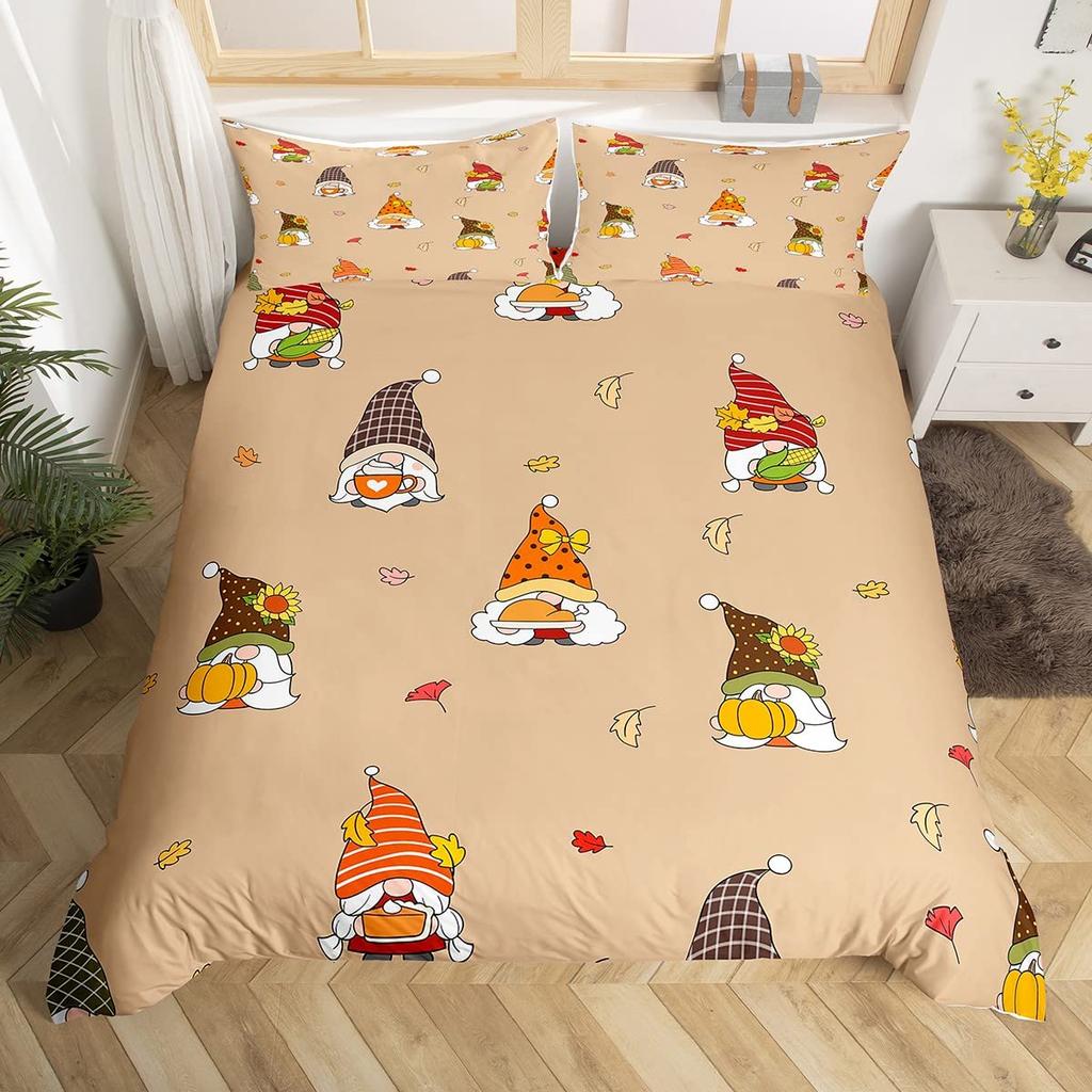 Cartoon Dwarf Dwarf Duvet Cover Queen for Kids Girls,Fall Leaves Pumpkin Bedding Set Autumn Gnome Turkey Maple Leaf Quilt Cover