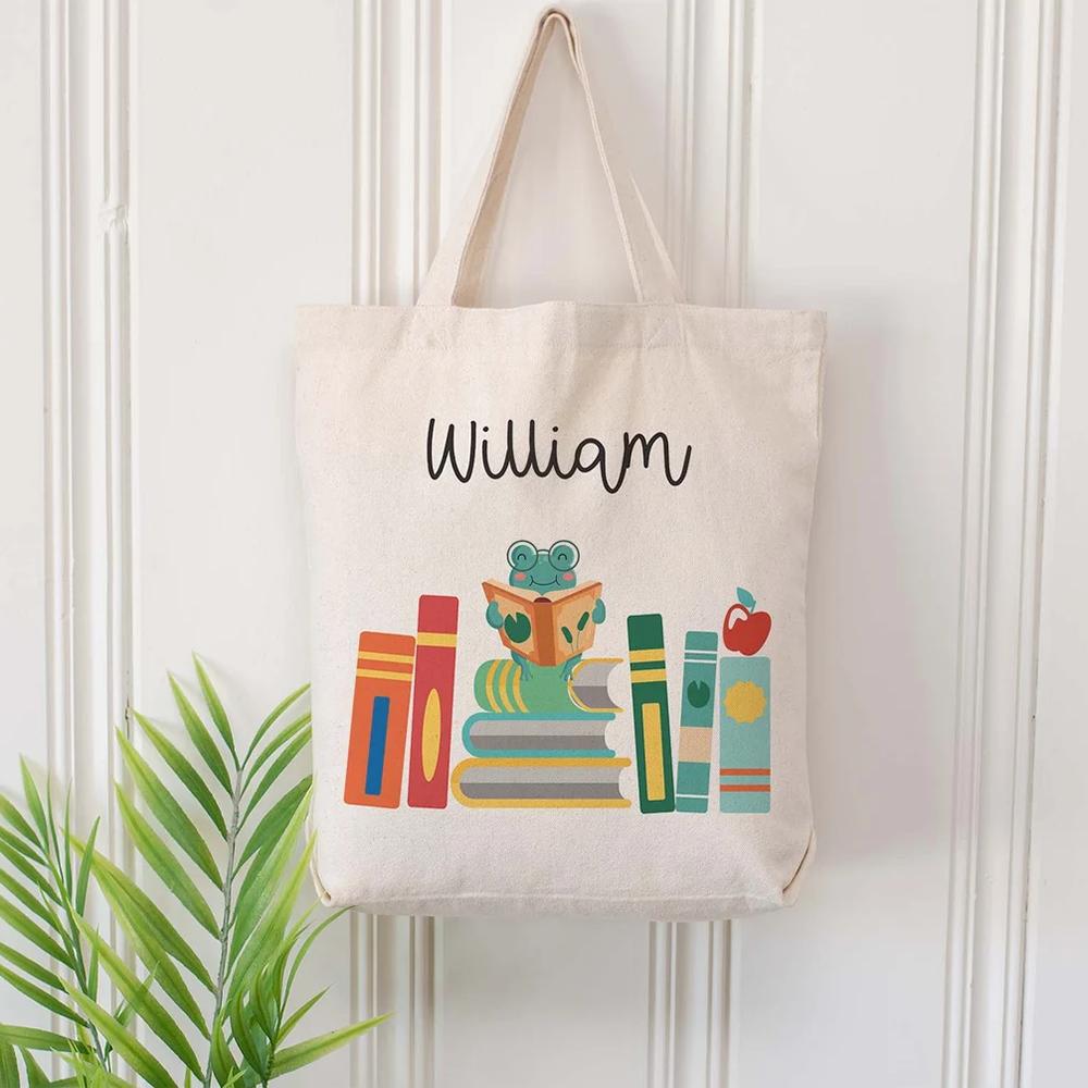 Custom Library Canvas Tote Bag Preschooler Frog Book Bag Birthday Teacher Appreciation Gift Back To School Book Club Event Favor