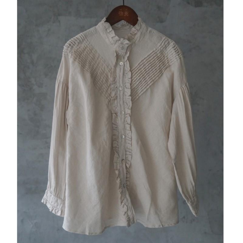 Johnature Dámské Vintage košile Topy Stojánek Jarní halenky s knoflíkem Dlouhý rukáv Jednobarevné košile v čínském stylu