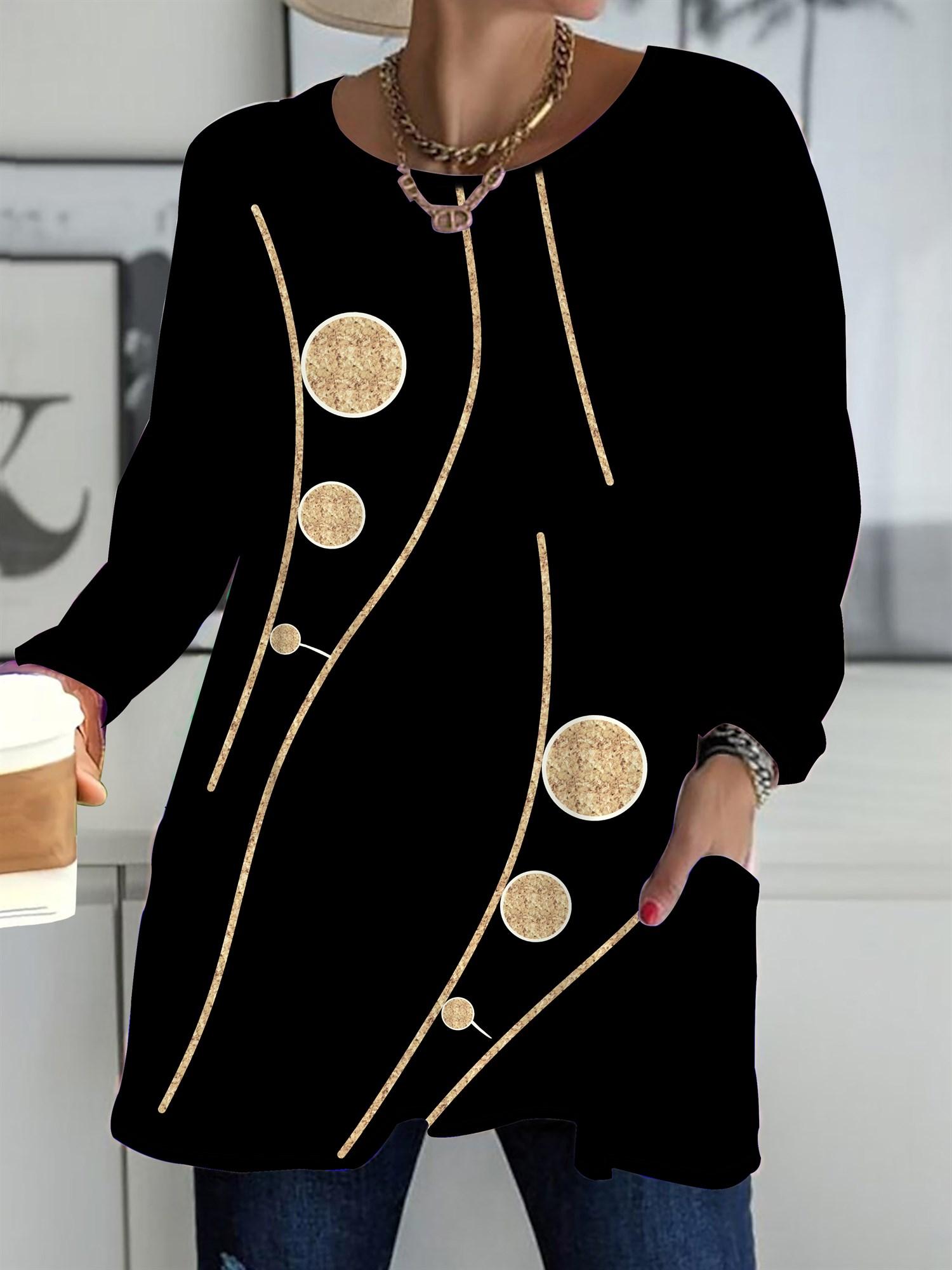 

2025 Autumn Winter New Plus Size Women s Tops, Simple 3D Print Fashion Crew Neck Long Sleeve T-Shirts 1XL чёрный