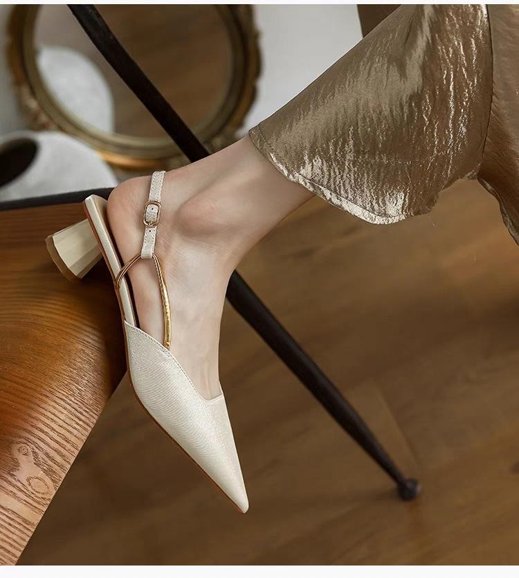 

French satin temperament single shoes low heel bag head sandals 2025 spring and summer new medium high heels sub pointed single shoes 39