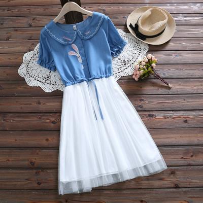 Summer New Denim Embroidery Stitching Mesh Fake Two Short Sleeve Dress