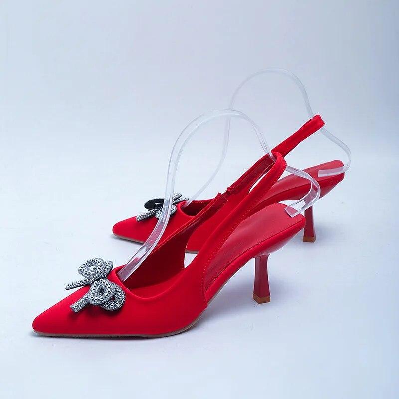2024 neue Mode Glitter Strass Frauen Pumpen Kristall Bowknot Seide Spitz Slip auf Dünne High Heels Party Prom Schuhe