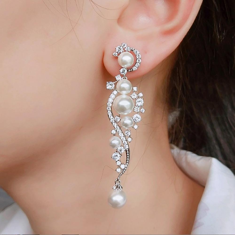 Shiny Rhinestone Inlaid Stud Earrings for Women Trendy Elegant Imitation Pearl Tassel Earring Romantic Party Jewelry Accessories