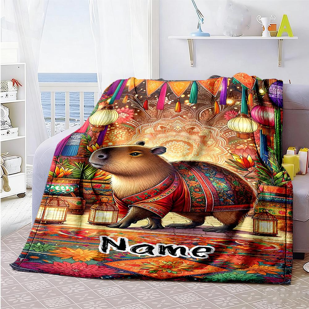 Ethnic Capibara Customize Your Name Blanket Cozy Personalized Blanket Ultra-Soft Versatile for Sofa Home Decor Living Room Nap