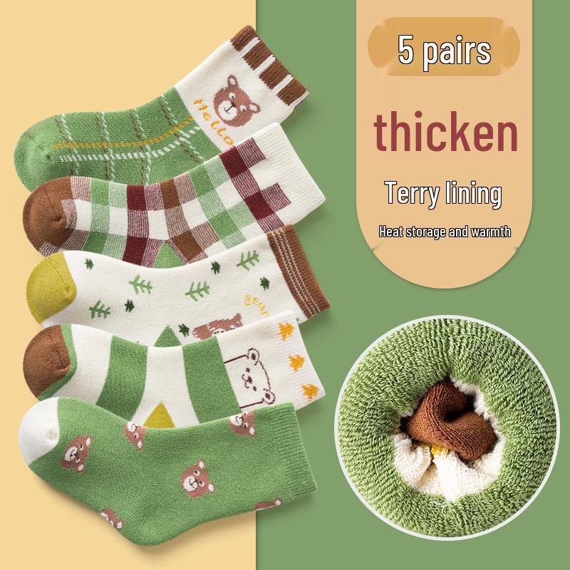 Children's Thickened Warm Cotton Dinosaur Terry Socks - Mid-Calf Length for Boys and Girls