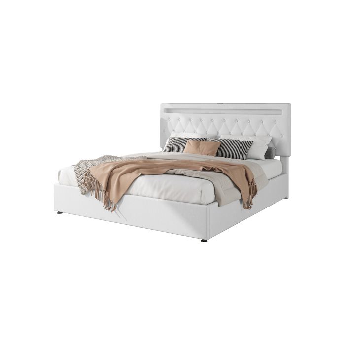 Lit - MUVOE - 180x200 Cm - Lumière D'ambiance LED - Télécommande - Port USB - Blanc