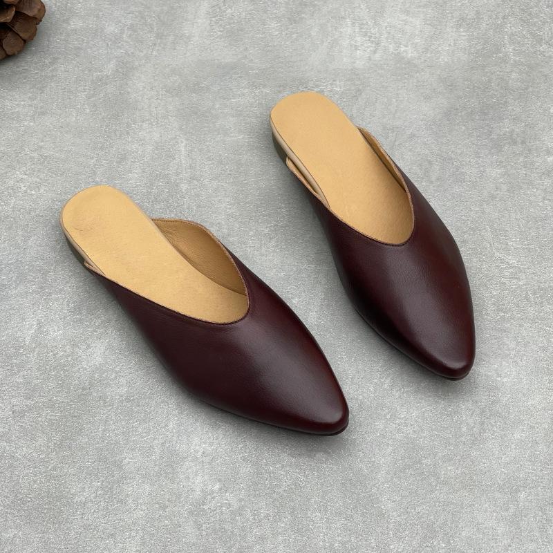 Johnature Pointed Toe Genuine Leather Women's Slippers Casual And Versatile Soft Cowhide Outdoor Slip-on Shoes