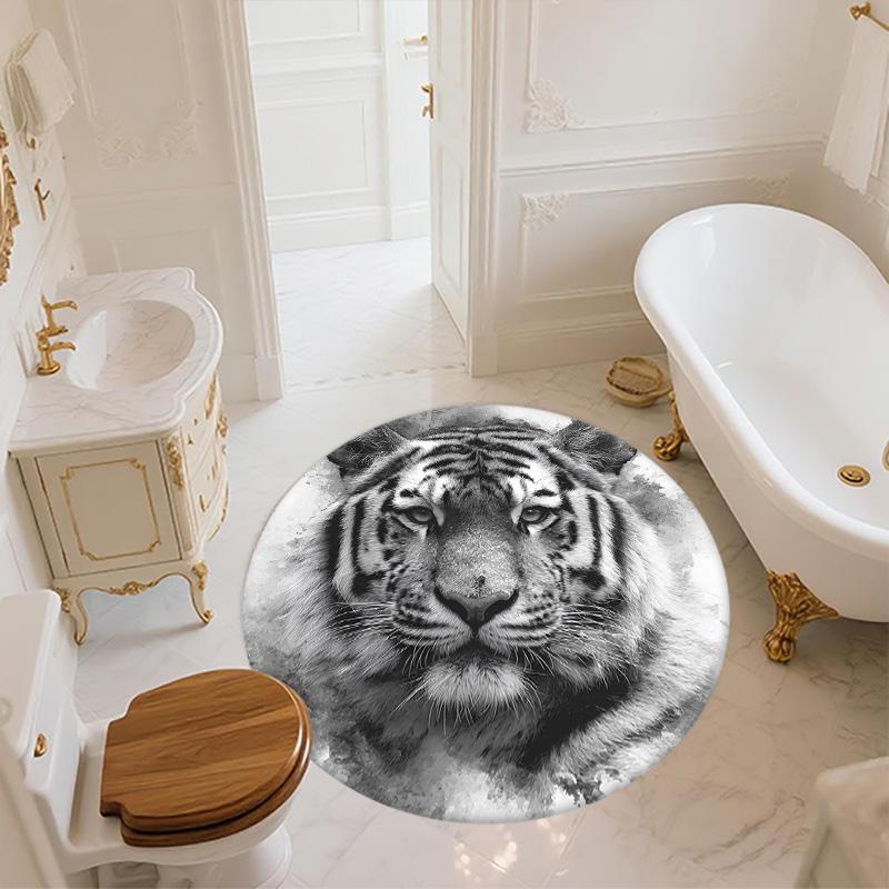 Black and White Tiger Round Area Rug,Carpet Rug for Living Room Bedroom Sofa Playroom Decor,Non-slip Floor Mat