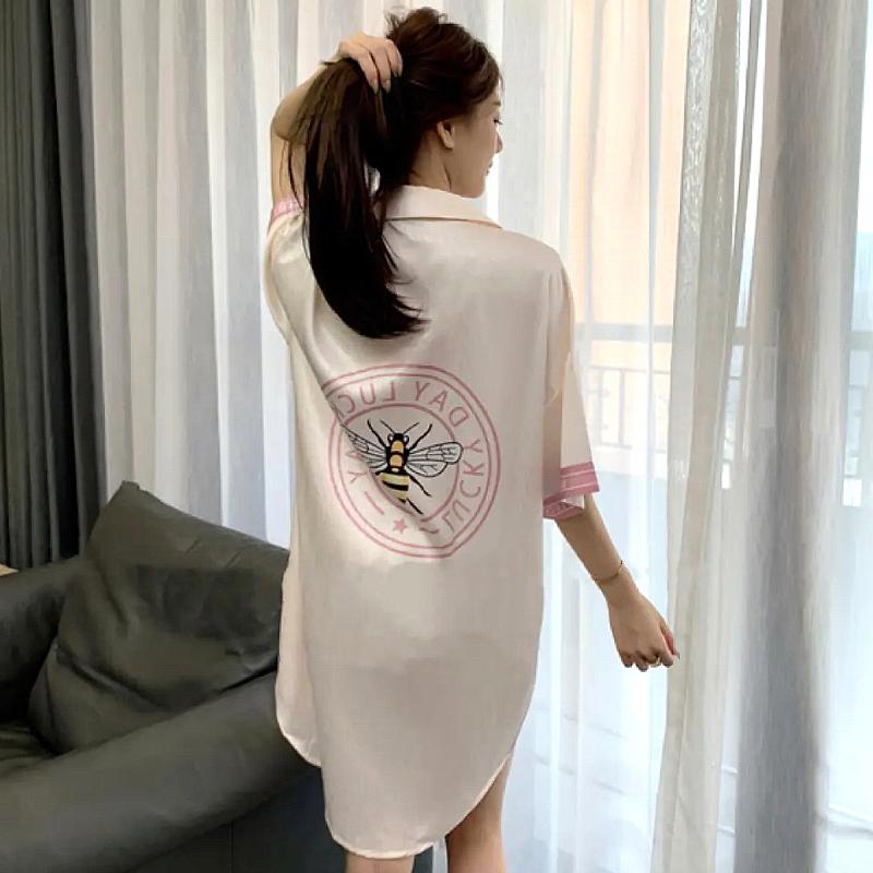 Letní skvrnitá noční košile pro ženy s krátkým rukávem s nápisy Noční košile a pyžamové košile Dámské růžové oblečení na spaní Košile Knoflíky Vnější oblečení Pyžama