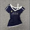 Y2K Lace Trim V Neck Short Sleeve T-Shirt Women Vintage Letter Embroidery Slim Fitted Navy Blue Crop Top