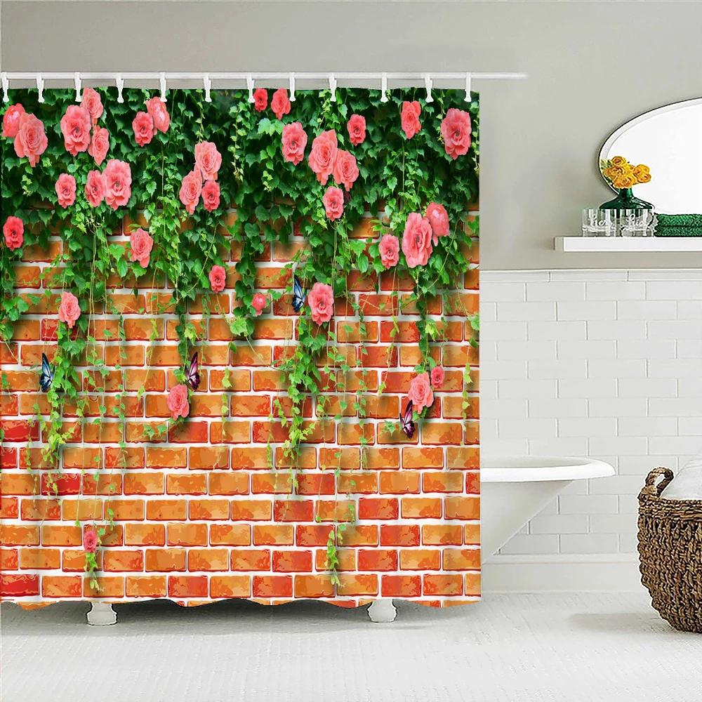 Rural Landscape Fabric Shower Curtain Bathroom Curtains Rock Brick Wall Plant Flowers Waterproof Decor Bath Screen With Hook