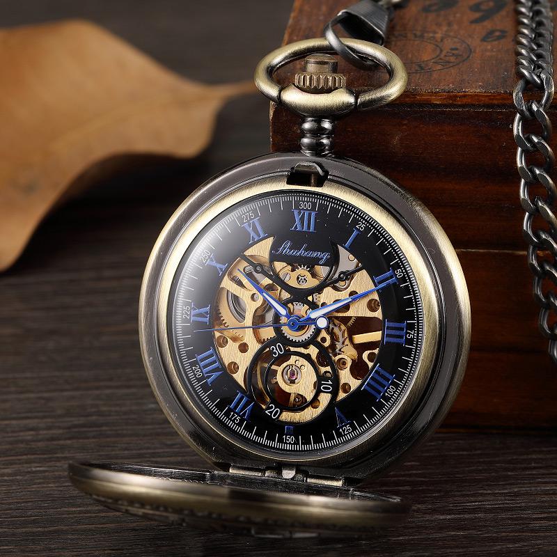 Steampunk Gear Hand Wind Mechanical Pocket Watch Vintage Black Skeleton Hollow Hand Fob Chain Watch Men With Roman Numbers