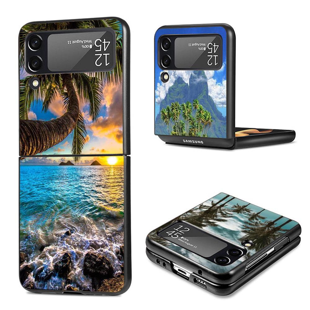 Summer Beach Sunset Sea Palm Tree Black Cover for Samsung Galaxy Z Flip 7 6 5 4 3 5G Phone Case Flip7 Flip6 Flip5 Flip4 Flip3 Pa