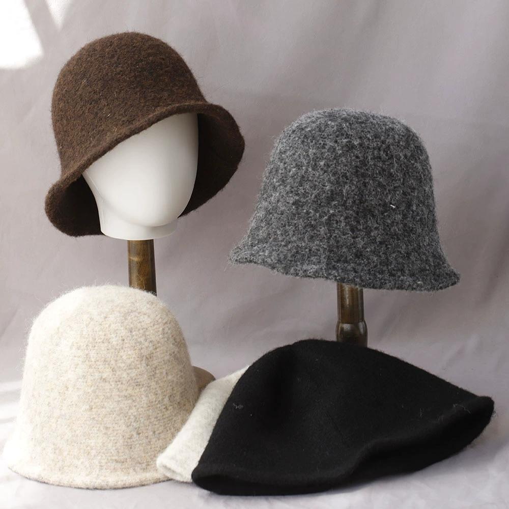 Thickened Soft Autumn and Winter Bucket Hat Solid Color Woolen Knit Cashmere Fisherman Hat Warm Wool Hat for Women