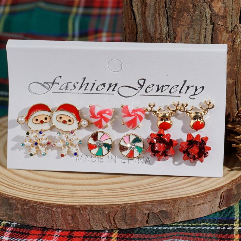 6 Pairs Christmas Combination Earrings Set for Women Shiny Zircon Xmas Tree Snowflake Santa Claus Stud Earring Party Zircon