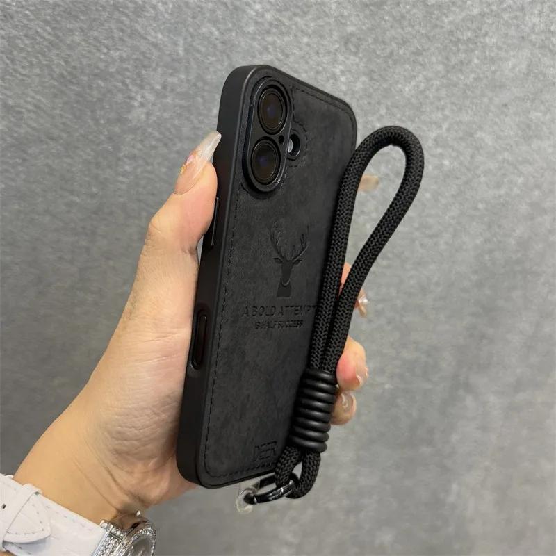 Luxury Cortex Deer Matte With Lanyard Phone Case For iPhone 11 12 13 14 15 16 Pro Max Plus X Xs Max XR Bumper Cases Back Cover