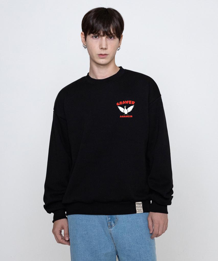 GRAVER [Unisex] Small White Duck Wing Smile Sweatshirt_Black
