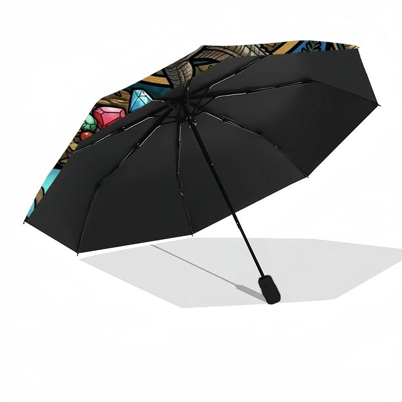 Dinosaur Glass Art Pattern Umbrella, Portable and Foldable Design, 8 Ribs, a Casual Accessory for Halloween, Christmas, and Birthday Gifts.