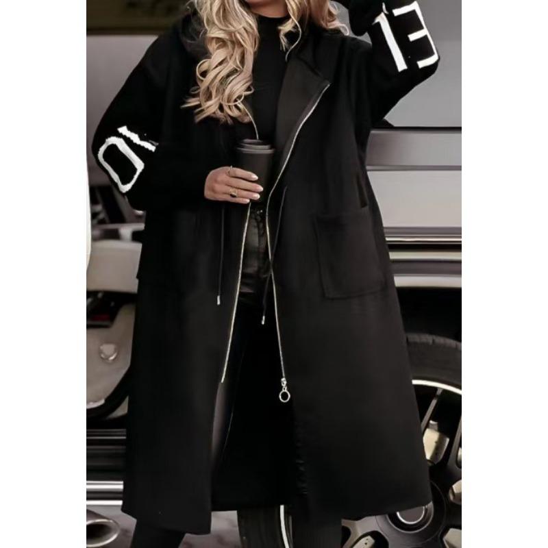 

Женское зимнее пальто с капюшоном и боковыми карманами, лоскутное трикотажное пальто с рукавами, узором из букв, свободное, средней длины, с завязками на талии, однотонное пальто S