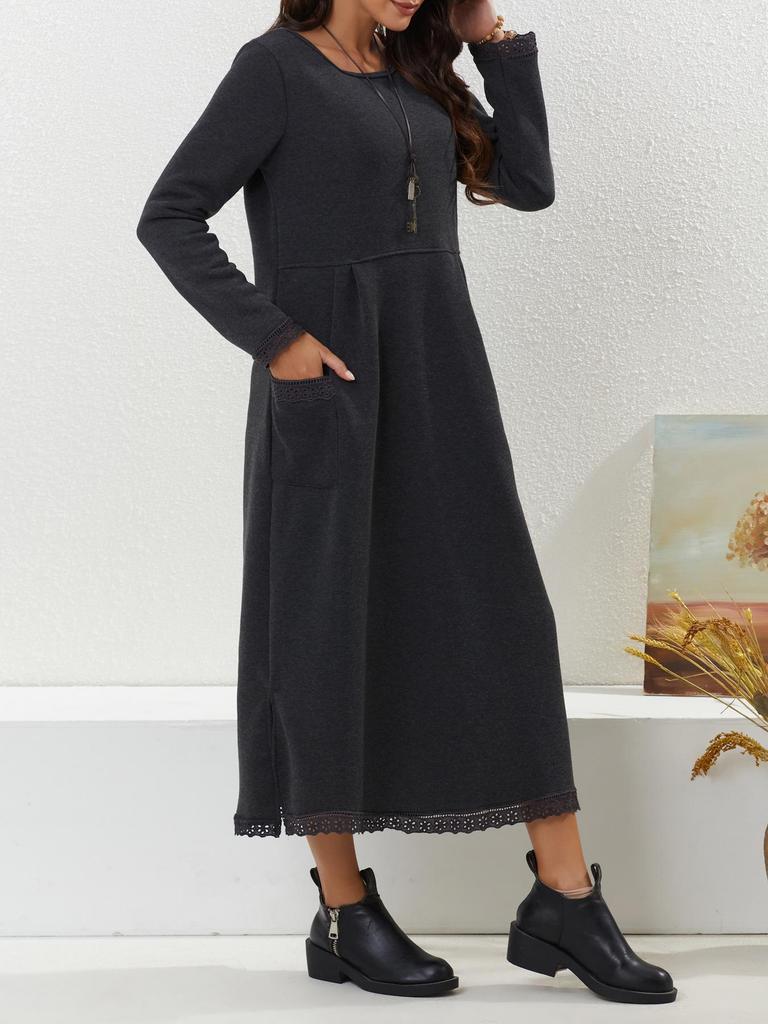 2023 Autumn Loose Plus Size Knit Lace Long Fleece Sweatshirt Dress