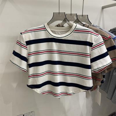 Summer Casual Loose T Shirt Women's Streetwear Harajuku Rainbow Stripes Short Sleeve T-shirts for Women Y2k Crop Tops Student Vintage Clothes