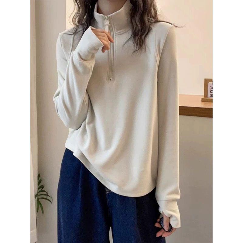 European Style Women's Stand Collar Fleece Pullover: Slimming, Versatile, Long Sleeve for Spring, Autumn, and Winter.